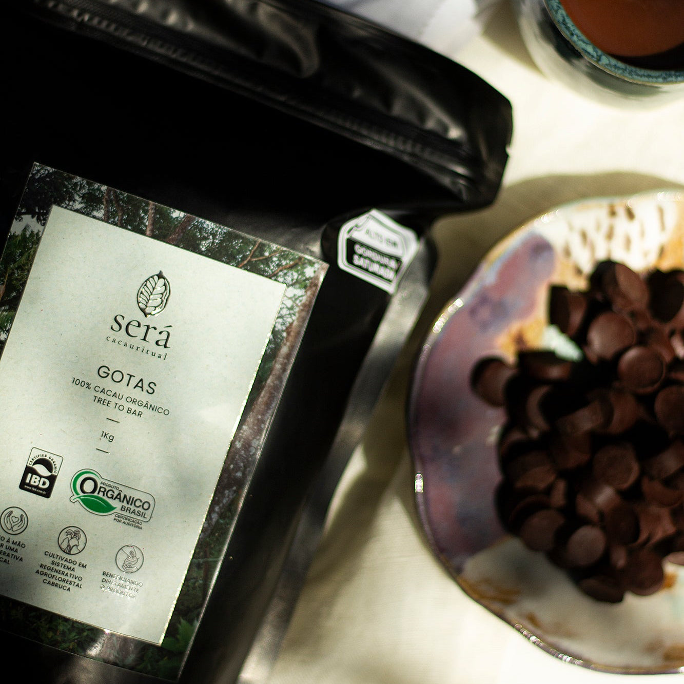 Gotas de Será Cacau 1kg — cacau 100% puro orgânico da Mata Atlântica em embalagem resselável