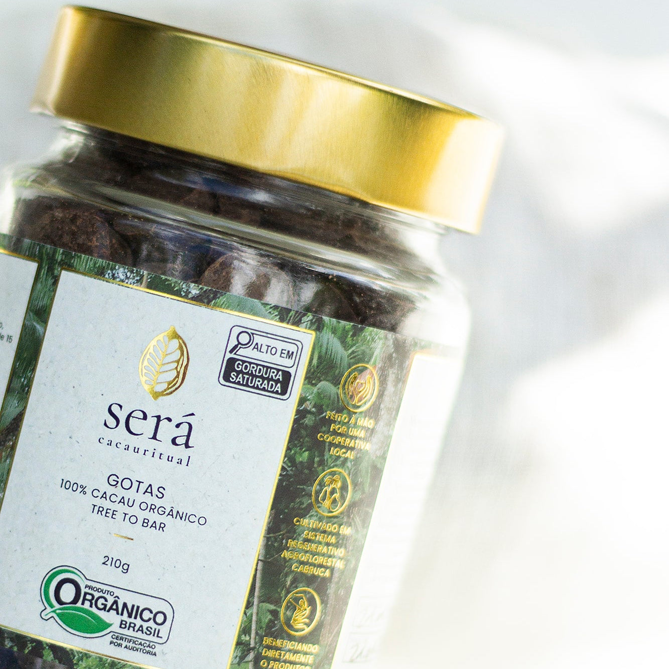 Pote de 210g de Gotas de Será Cacau — cacau 100% puro orgânico em vidro com tampa dourada Costa do Cacau