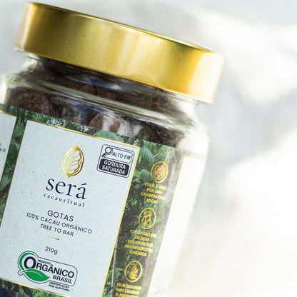 Pote de 210g de Gotas de Será Cacau — cacau 100% puro orgânico em vidro com tampa dourada Costa do Cacau