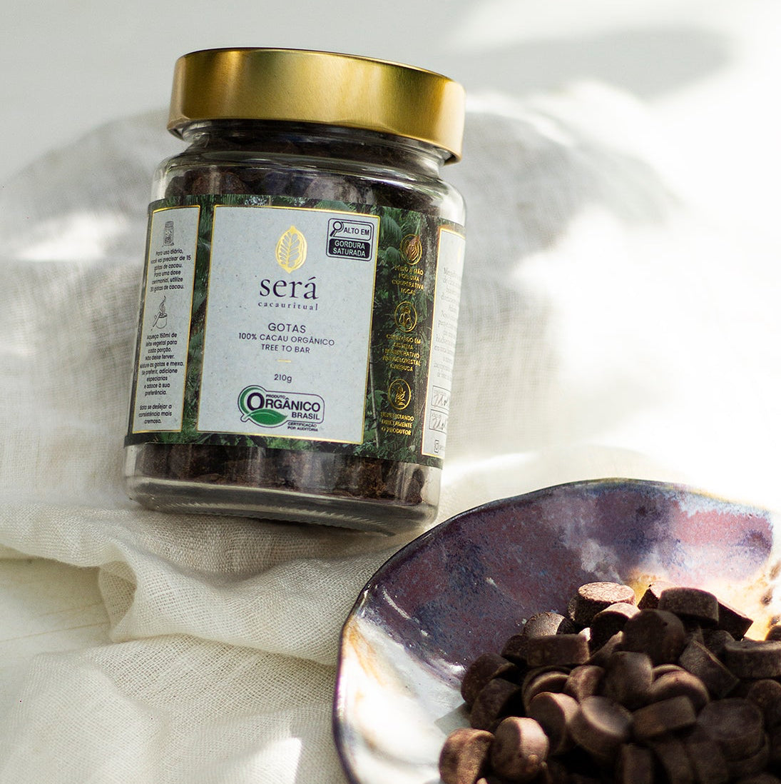 Pote de 210g de Gotas de Será Cacau — cacau 100% puro orgânico em vidro com tampa dourada